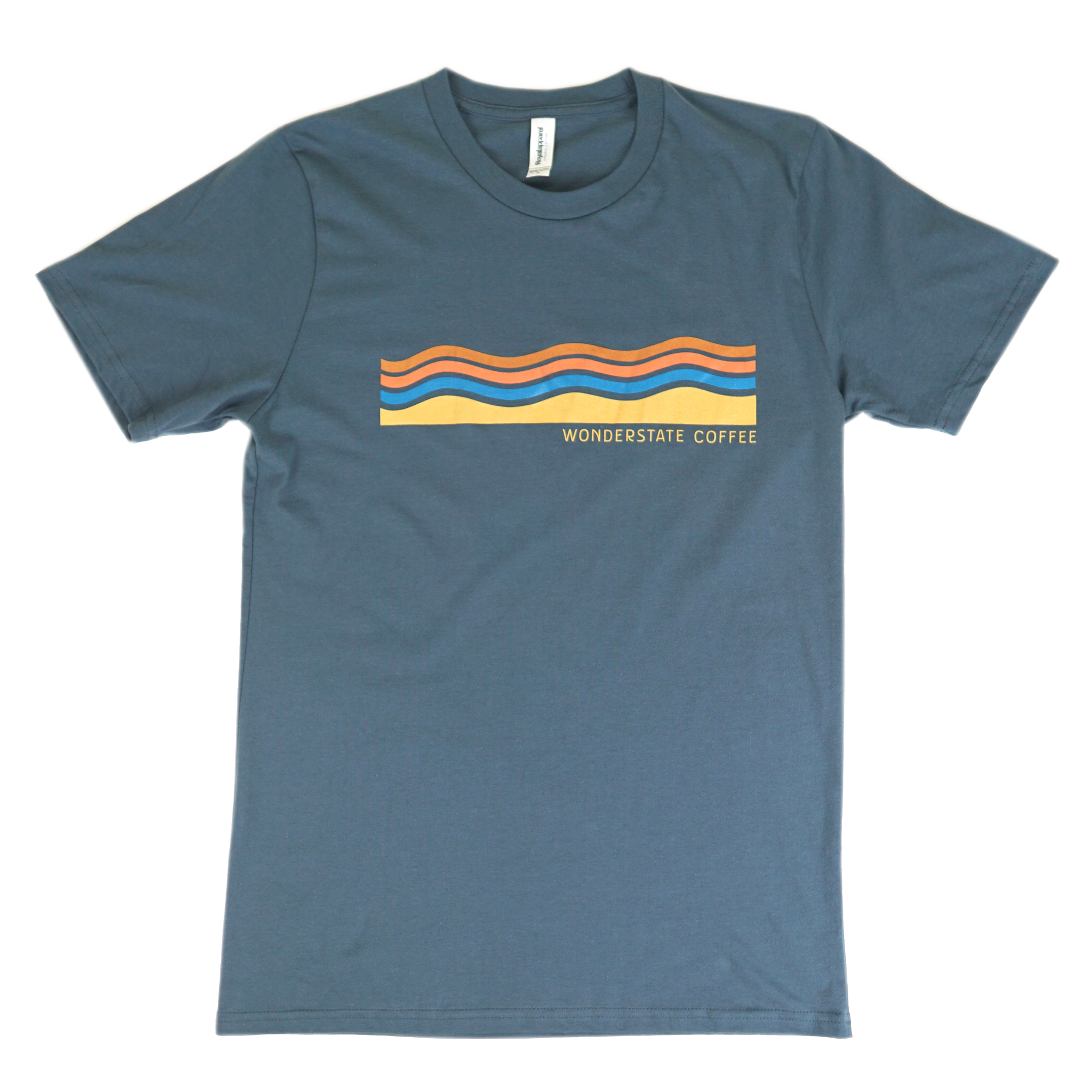 A gray t-shirt with a colorful wavy graphic design on the front and the text 'WONDERSTATE COFFEE' at the bottom.
