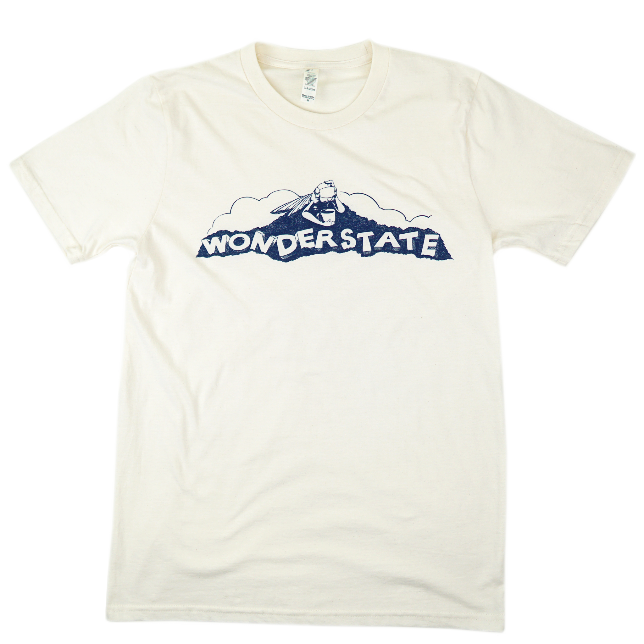 illustration of a tired cicada on wonderstate text placed on the chest of a white t-shirt