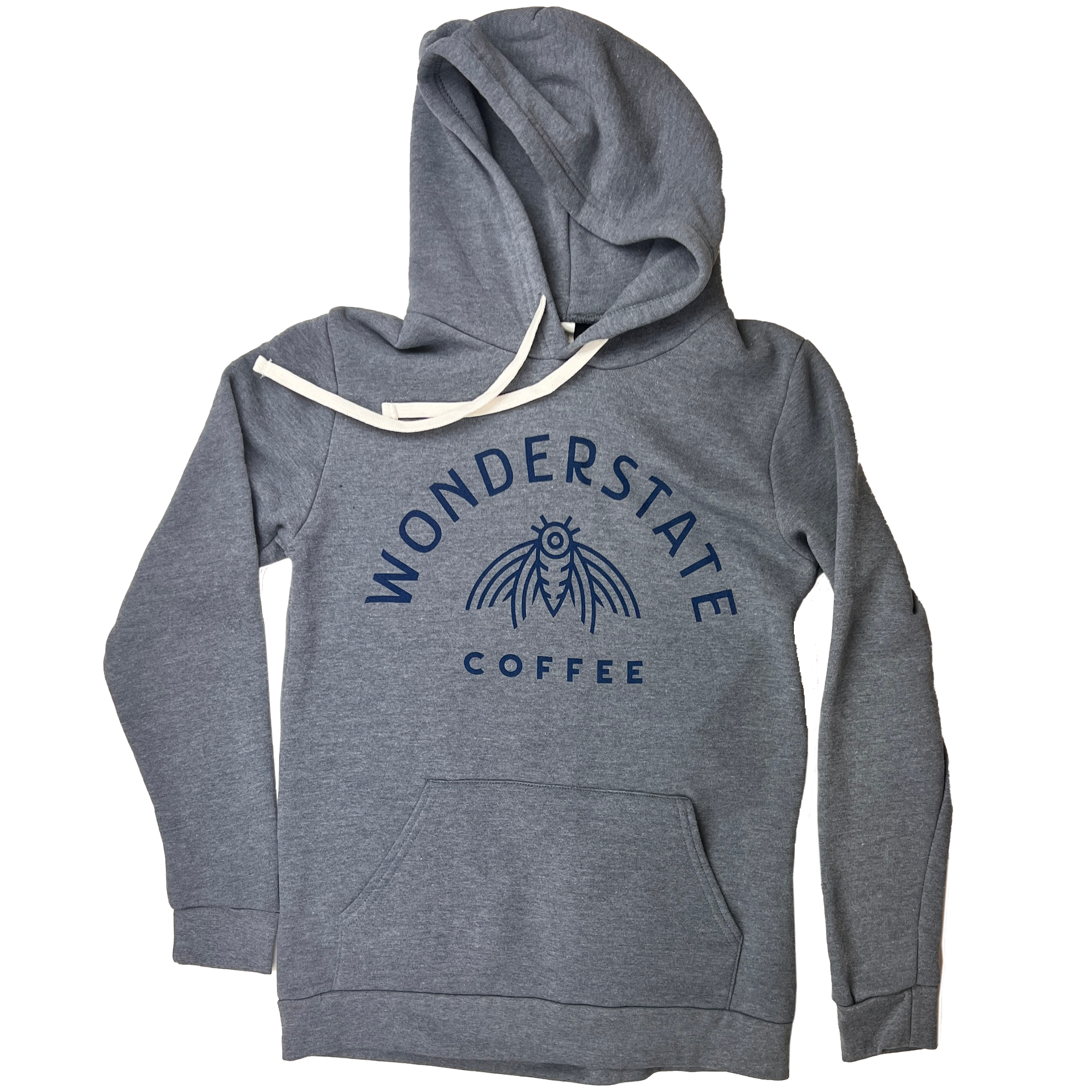 A heather grey pullover hoodie with 'Wonderstate Coffee' printed on the front and a logo on the back.
