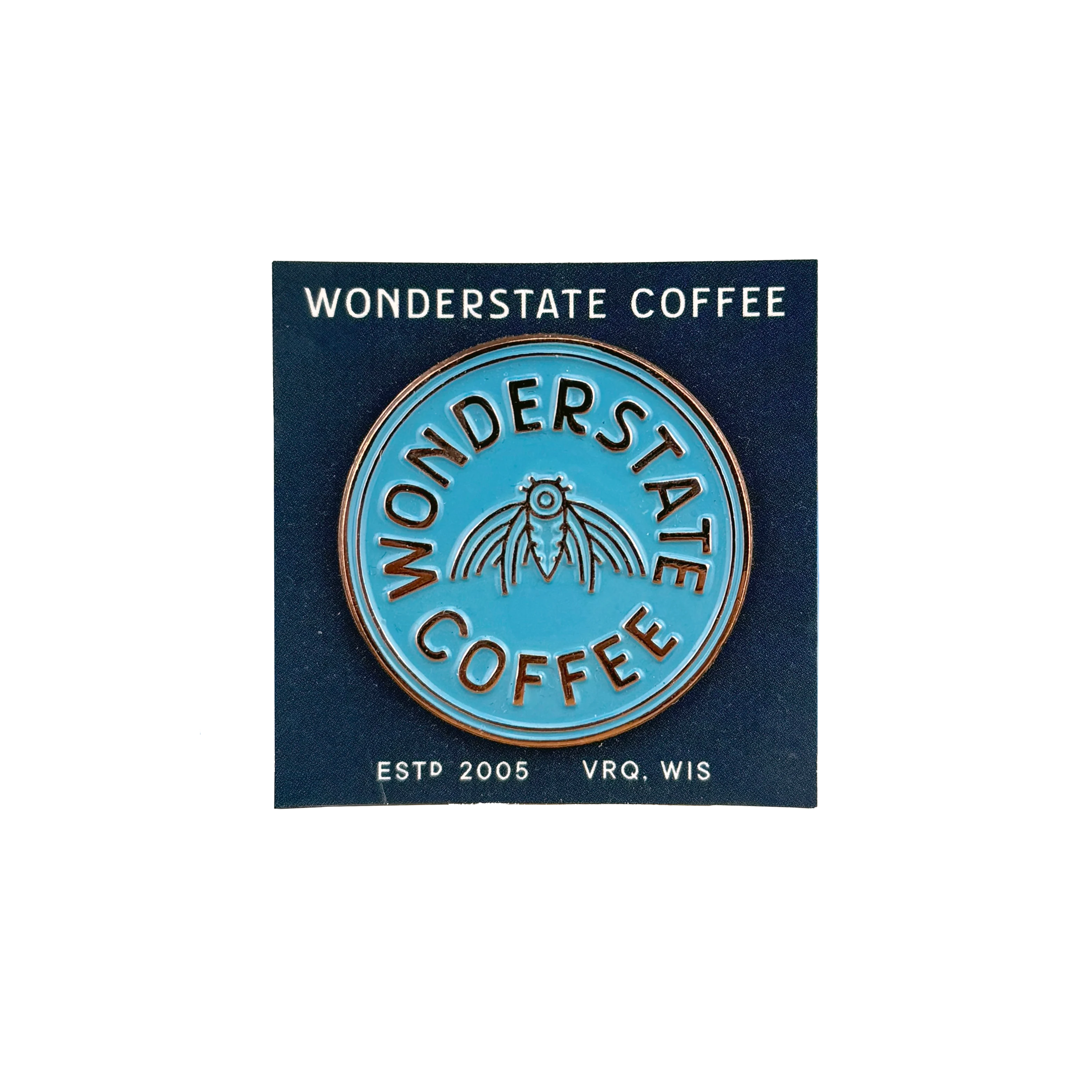 Wonderstate Coffee pin with logo on a blue background