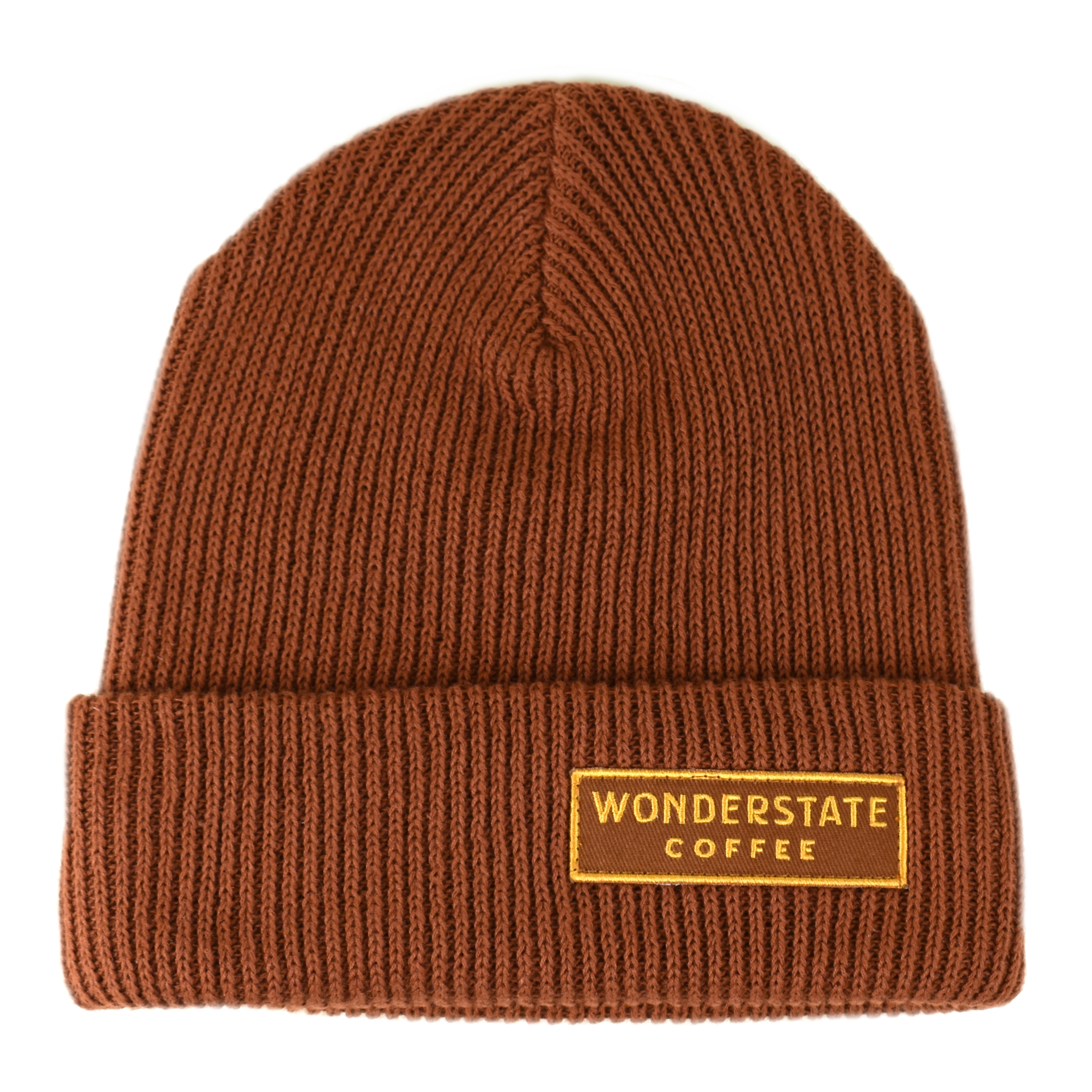 A brown beanie with the 'Wonderstate Coffee' brand tag on the fold.