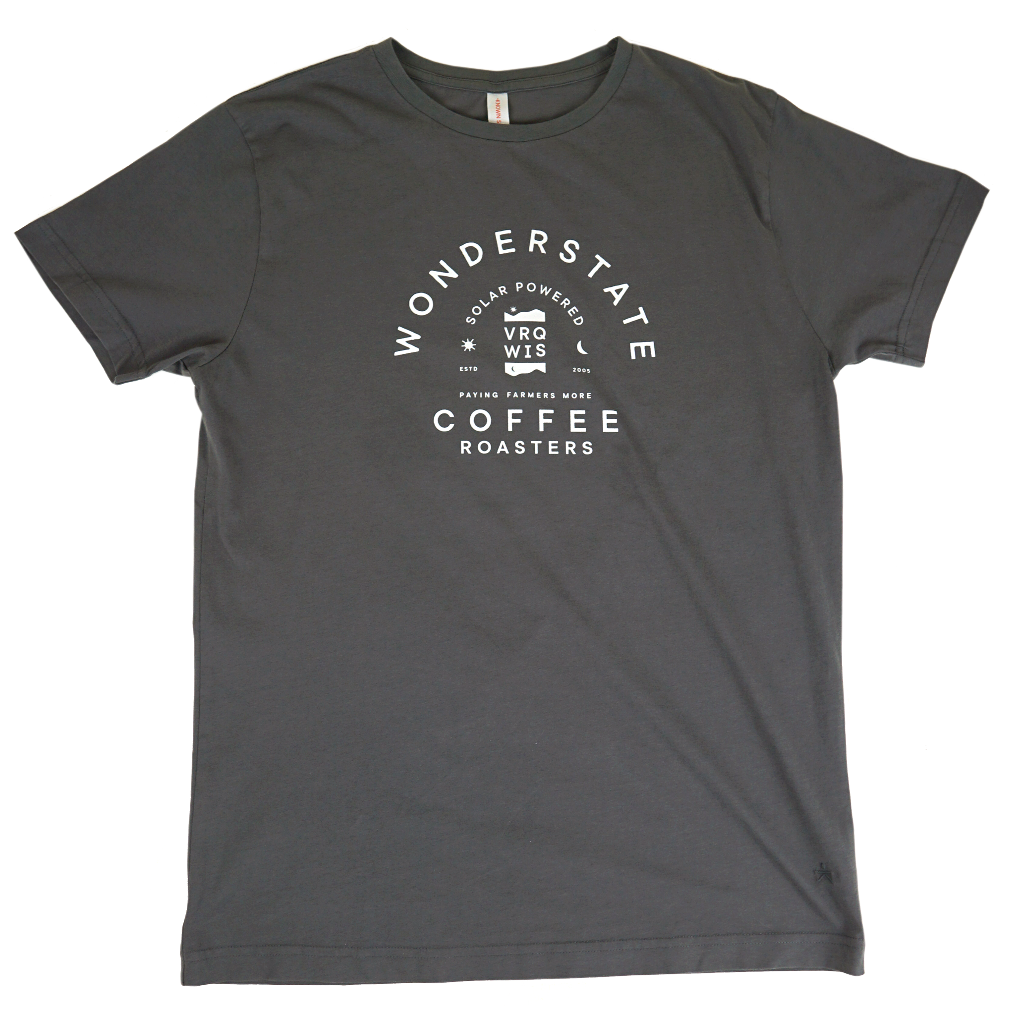 A gray t-shirt with the text 'WONDERSTATE COFFEE ROASTERS' printed on the front.