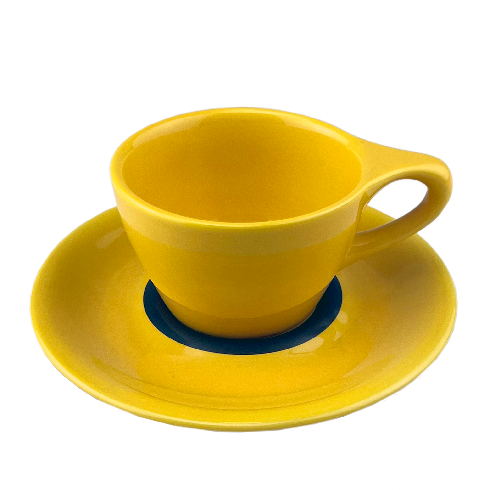 A yellow porcelain coffee cup with a saucer, against a white background.