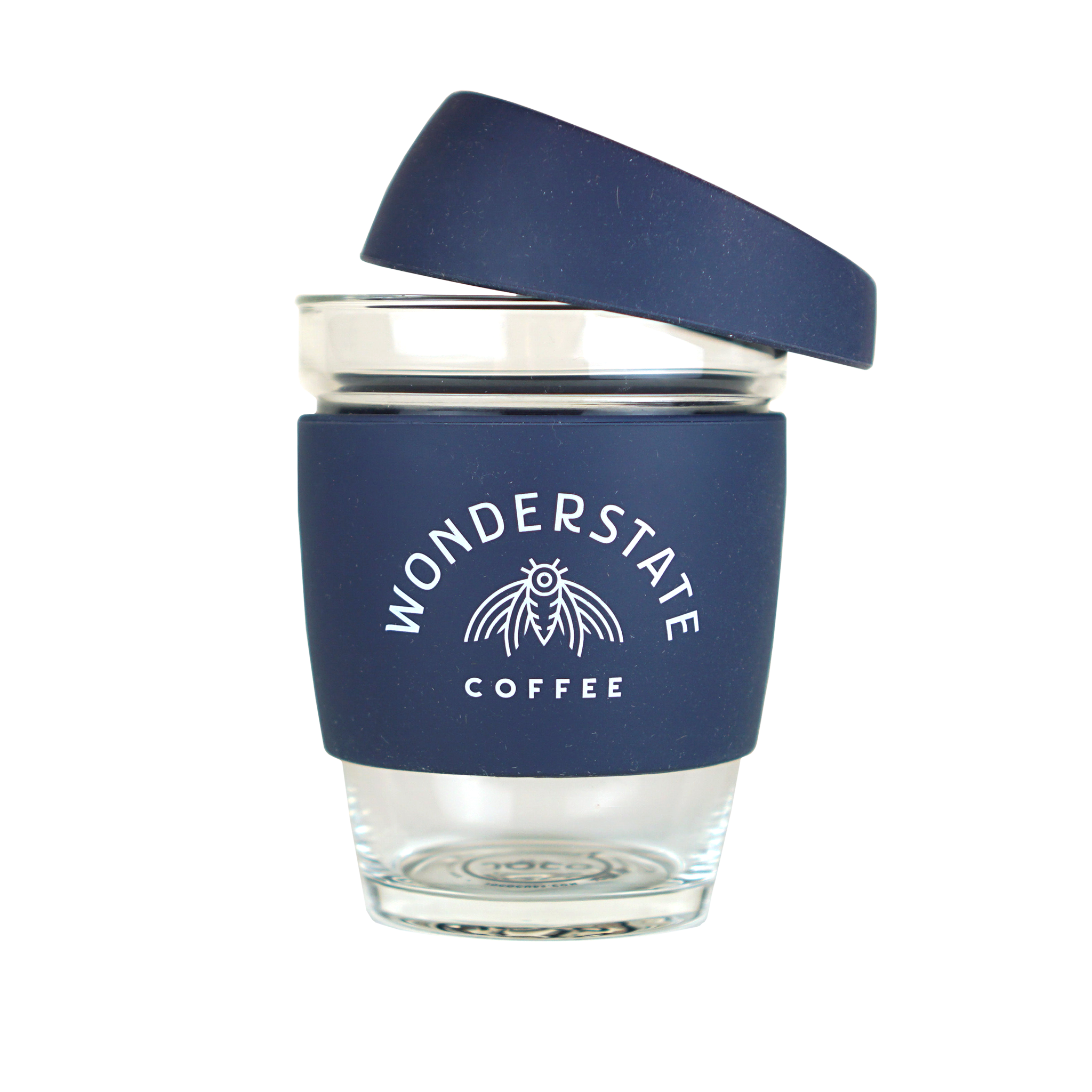 A clear reusable glass cup with a navy blue lid, featuring the 'Wonderstate Coffee' logo on the side.